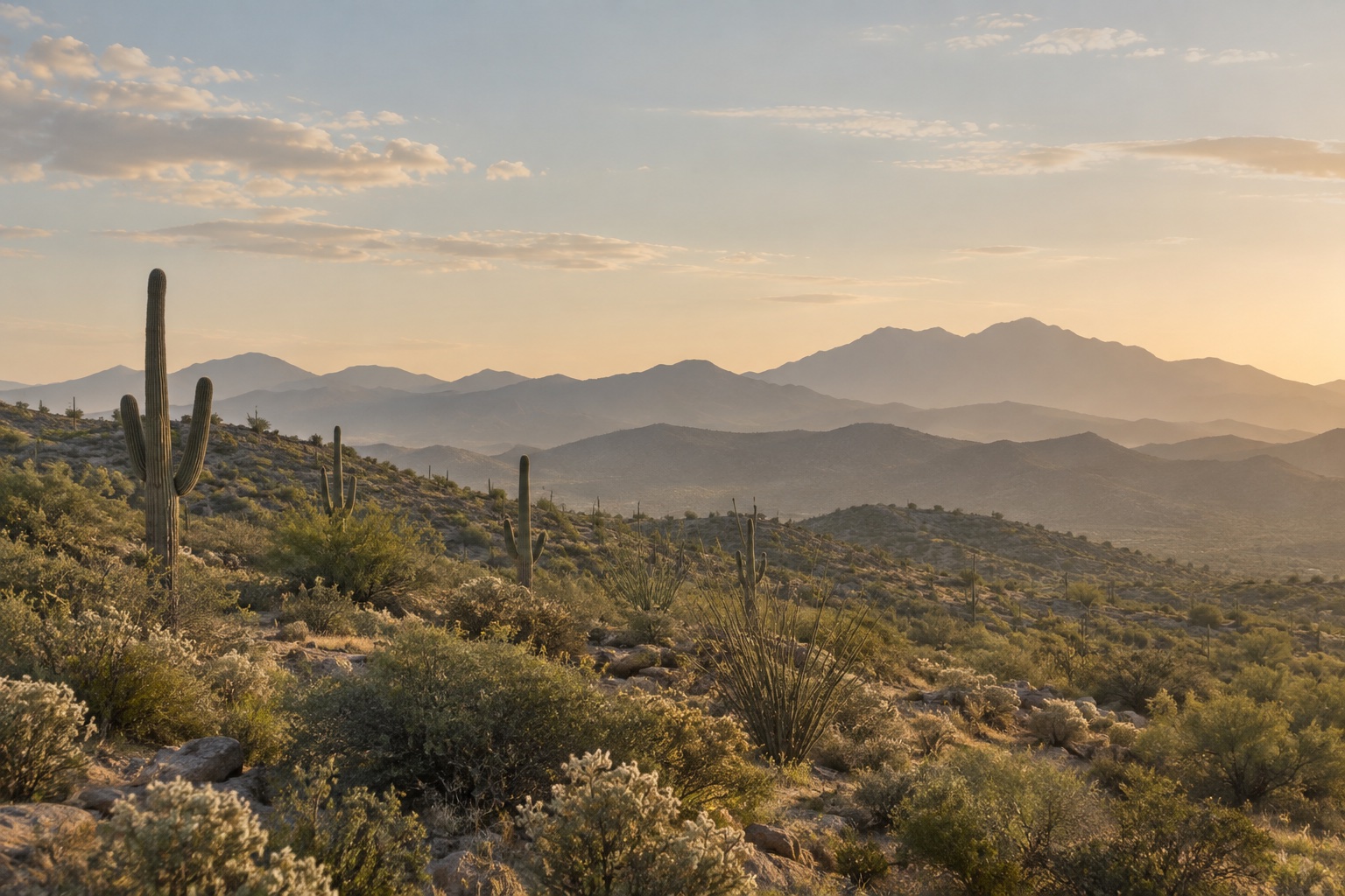 Quiet Sonoran desert foothills and saguaros in warm afternoon light